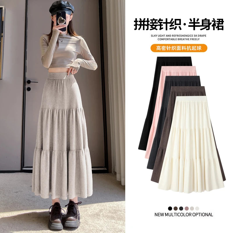 Vintage Women Solid High Waist Versatile Pleated A-line Long Skirts 2024 Autumn Winter French Sweet Cake Knit Skirt Streetwear