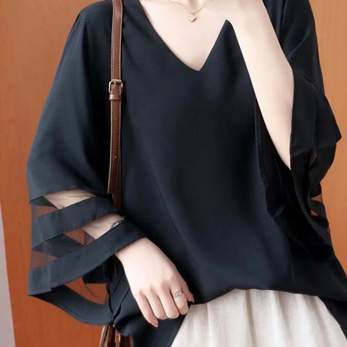 Load image into Gallery viewer, Women Black Mesh Spliced Big Size Elegant T-shirt New V-Neck Three-quarter Sleeve Fashion Tide Spring Autumn 2025 1DJ0335
