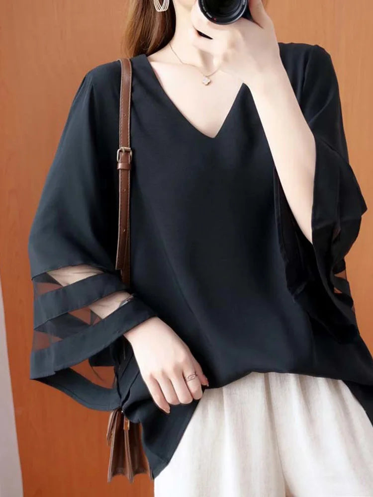 Women Black Mesh Spliced Big Size Elegant T-shirt New V-Neck Three-quarter Sleeve Fashion Tide Spring Autumn 2025 1DJ0335