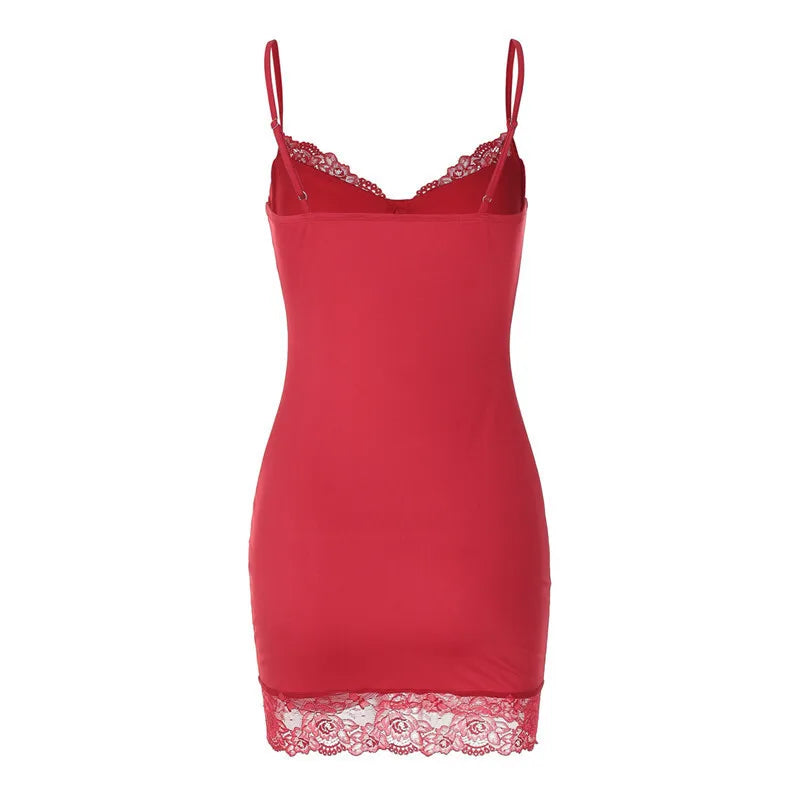 Spaghetti Strap Lace Sexy Mini Dress For Women Red Off-shoulder Strapless Sleeveless Backless Slim Fit Bodycon Dress