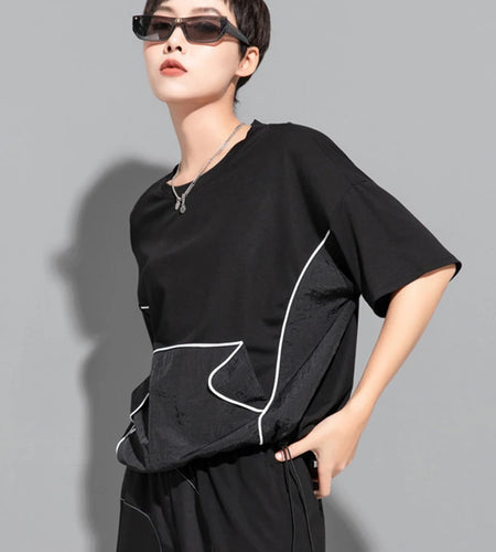 Women Black Topstitched Drawstring Big Size T-shirt New Round Neck Short Sleeve Fashion Tide Spring Summer 2025 1DJ1797