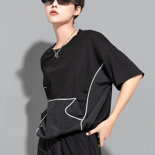 Load image into Gallery viewer, Women Black Topstitched Drawstring Big Size T-shirt New Round Neck Short Sleeve Fashion Tide Spring Summer 2025 1DJ1797
