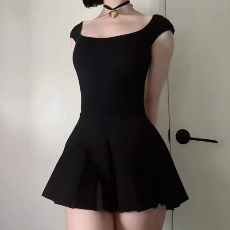 Fashion Backless Black Tie Up Sexy Dress Mini Korean Style A-Line Summer Dresses Female Y2K Clothes Sundress Elegant