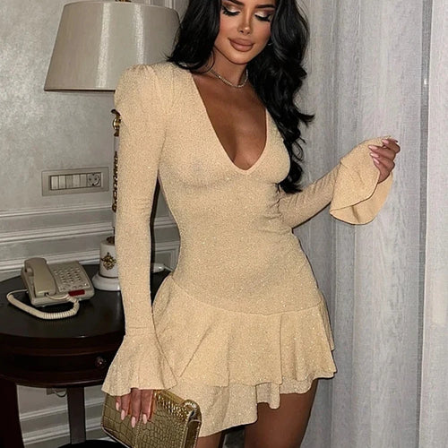 Load image into Gallery viewer, Sexy DeepV Brilliant Silk Long Sleeve Dress Women Ruffled Bodycon Mini Dress Female Tight Elegant Party Evening Vestidos
