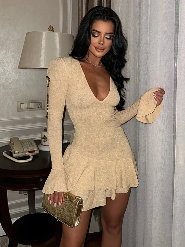 Sexy DeepV Brilliant Silk Long Sleeve Dress Women Ruffled Bodycon Mini Dress Female Tight Elegant Party Evening Vestidos