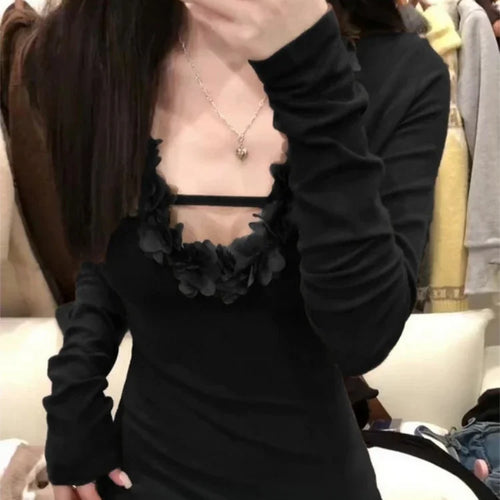 Load image into Gallery viewer, 3D Floral Woman T Shirts V-neck Long Sleeve Tees 2025 Ropa Mujer Fashion Korean Camisetas Solid Color Casual Tshirt Tops Female
