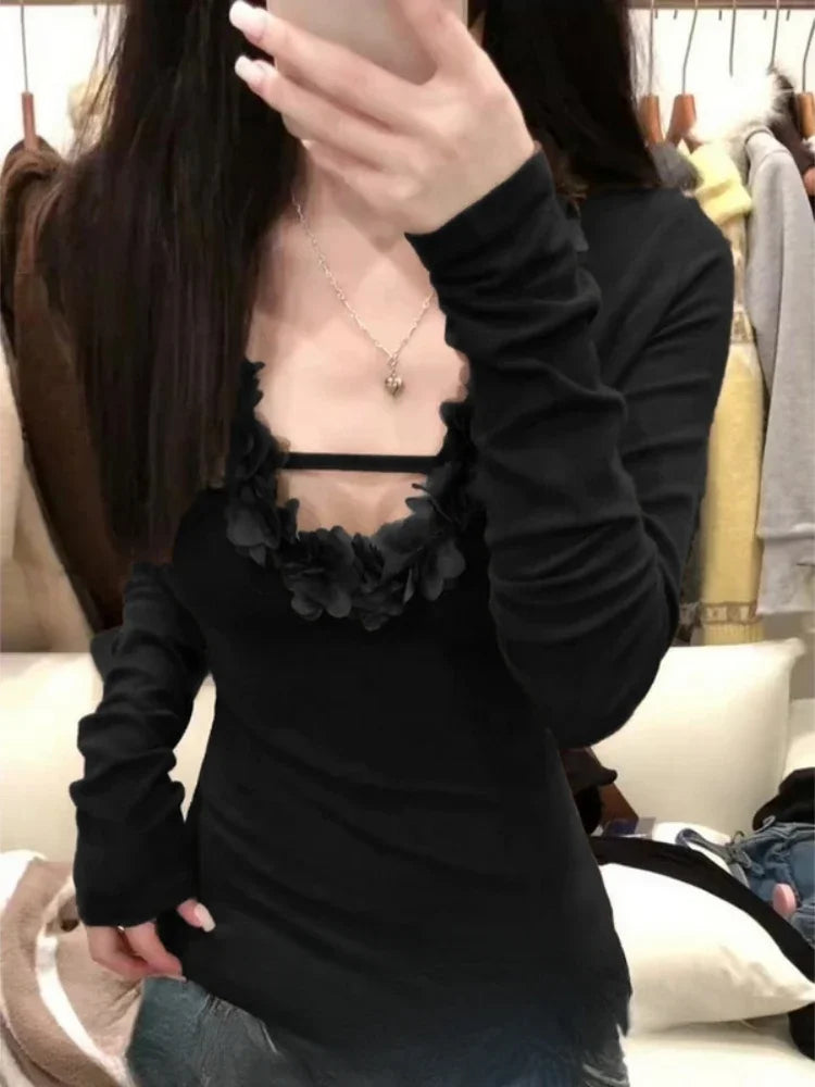 3D Floral Woman T Shirts V-neck Long Sleeve Tees 2025 Ropa Mujer Fashion Korean Camisetas Solid Color Casual Tshirt Tops Female