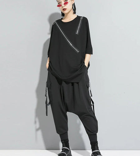 Women Black Asymmetrical Sittch Big Size T-shirt New Round Neck Long Sleeve  Fashion Tide  Spring Autumn 2025 1S185