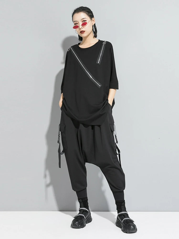 Women Black Asymmetrical Sittch Big Size T-shirt New Round Neck Long Sleeve  Fashion Tide  Spring Autumn 2025 1S185