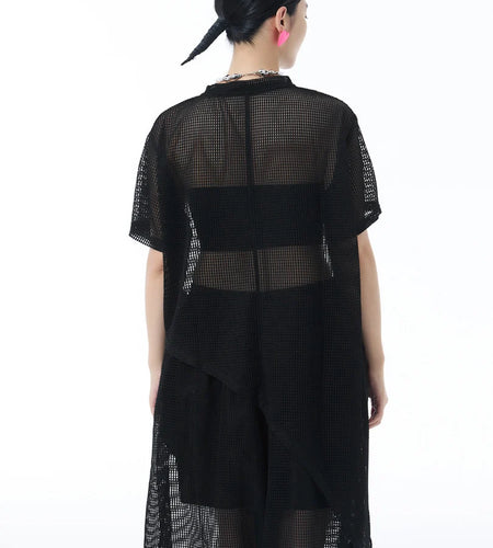 Women Black Grid Hollow Out Big Size Irregular T-shirt New Round Neck Short Sleeve Fashion Tide Spring Summer 2025 1DJ1878