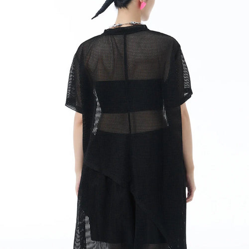 Load image into Gallery viewer, Women Black Grid Hollow Out Big Size Irregular T-shirt New Round Neck Short Sleeve Fashion Tide Spring Summer 2025 1DJ1878
