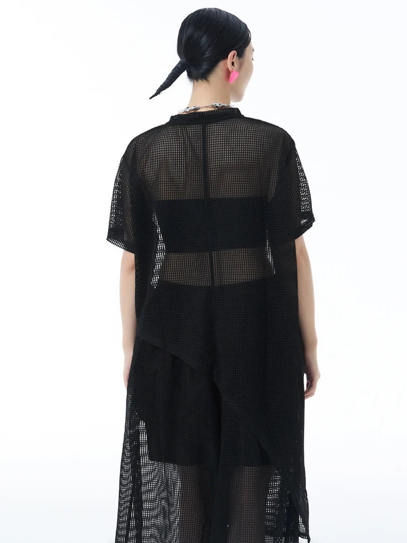 Women Black Grid Hollow Out Big Size Irregular T-shirt New Round Neck Short Sleeve Fashion Tide Spring Summer 2025 1DJ1878