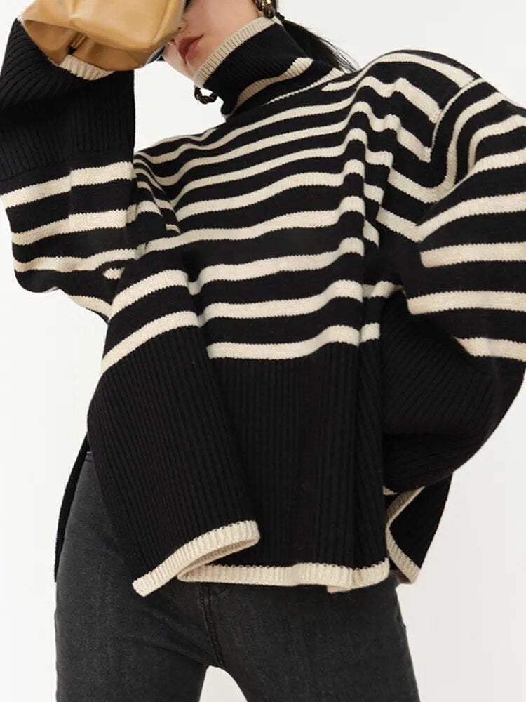 Striped Sweater For Women Turtleneck Long Sleeves Loose Casual Temperament Sweaters Female Fashion Clothing