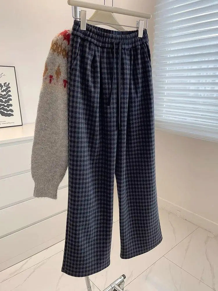 Retro Black Blue Plaid Drawstring Lace-up Thick Wide Leg Pant Winter High Waist Casual Loose Pleated Straight Trousers Street