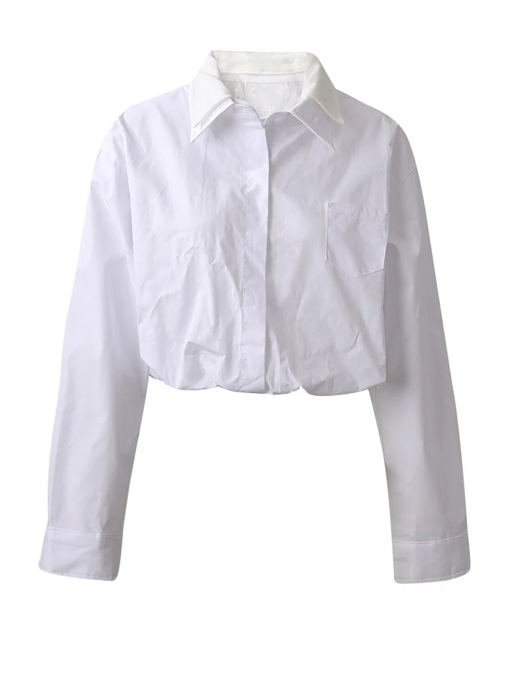 Women Blue Color-block Short Big Size Bud Blouse New Lapel Long Sleeve Shirt Fashion Tide Spring Autumn 2025  CPG3010