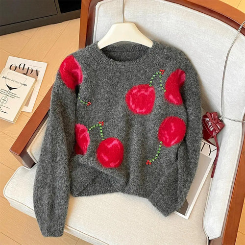 Load image into Gallery viewer, Autumn Winter Grey Patchwork Diamond Elegant Short Knitted Sweater Korean Women's Round Neck Long Sleeved Festival Pullover Tops
