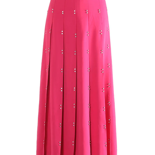 Load image into Gallery viewer, High Waist Rose Red Rivet Pleated Elegant Long A-line Half-body Skirt Women Fashion Tide New Spring Autumn 2025 1DJ0915
