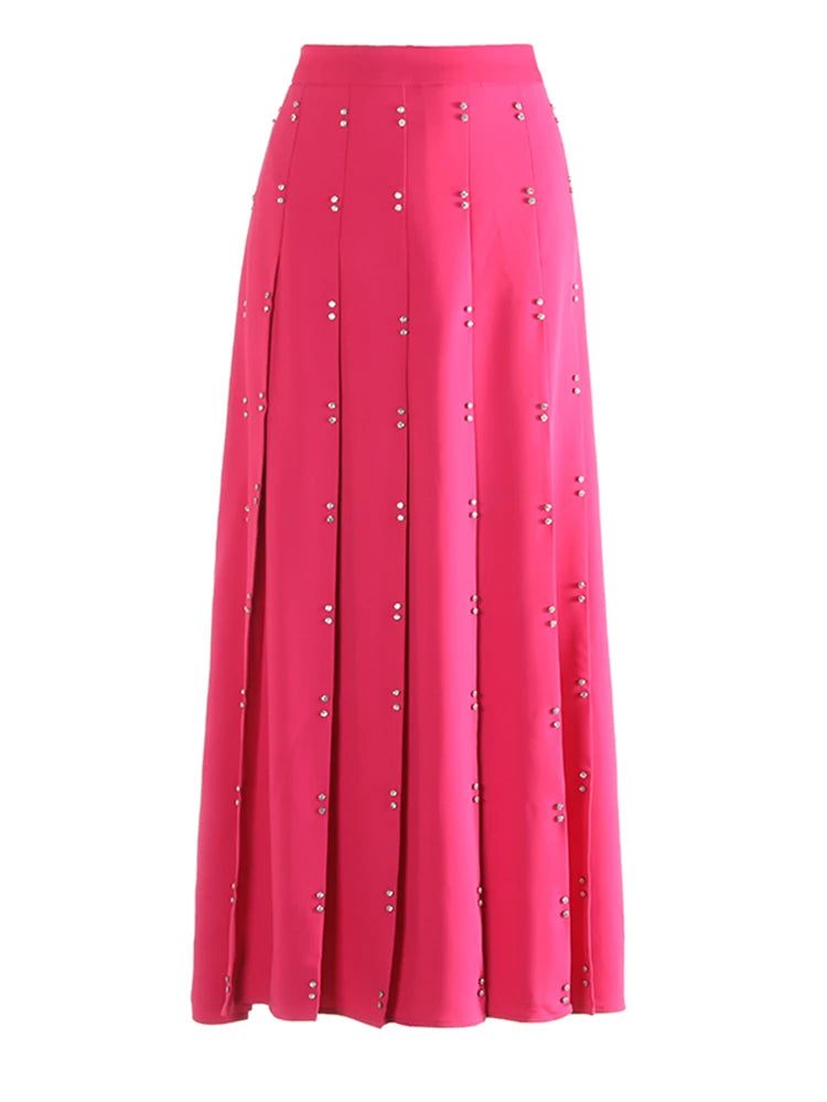 High Waist Rose Red Rivet Pleated Elegant Long A-line Half-body Skirt Women Fashion Tide New Spring Autumn 2025 1DJ0915