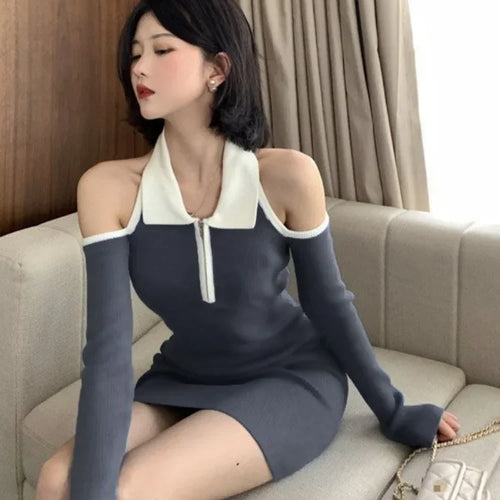 Load image into Gallery viewer, Sexy Bodycon Black Halter Dress Women Y2k Off Shoulder Backless Wrap Slim Short Dresses Fashion Patchwork Korean Kpop
