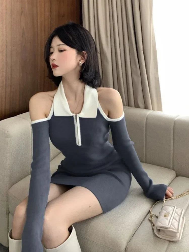 Sexy Bodycon Black Halter Dress Women Y2k Off Shoulder Backless Wrap Slim Short Dresses Fashion Patchwork Korean Kpop