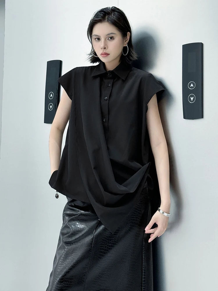 Women White Irregular Spliced Big Size Casual Blouse New Lapel Short Sleeve Shirt Fashion Tide Spring Summer 2025 1DJ1340