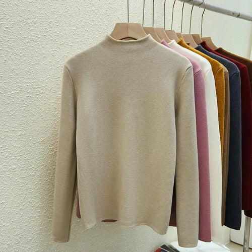 Load image into Gallery viewer, Autumn Winter Women Solid Half High Neck Velvet Sweater Korean Fashion Warm Knitwear Long Sleeve Pullovers Tops Thick Simplicity
