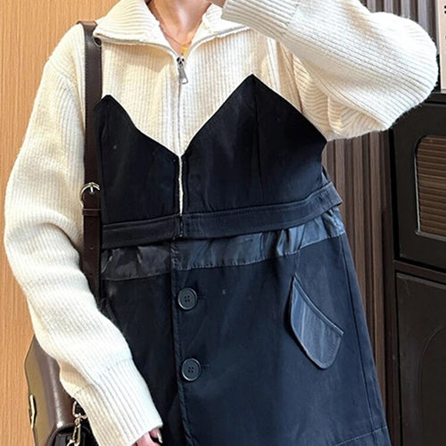 Load image into Gallery viewer, Colorblock Loose Knitting Sweaters For Women Lapel Long Sleeve Patchwork Button Designer Sweater Female Fashion
