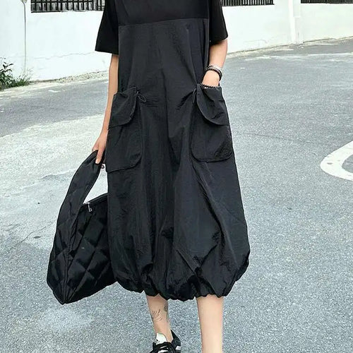 Load image into Gallery viewer, Women Black Drawstring Pocket Big Size Midi Dress New Round Neck Shhort Sleeve Fashion Tide Spring Summer 2025 1DJ0773
