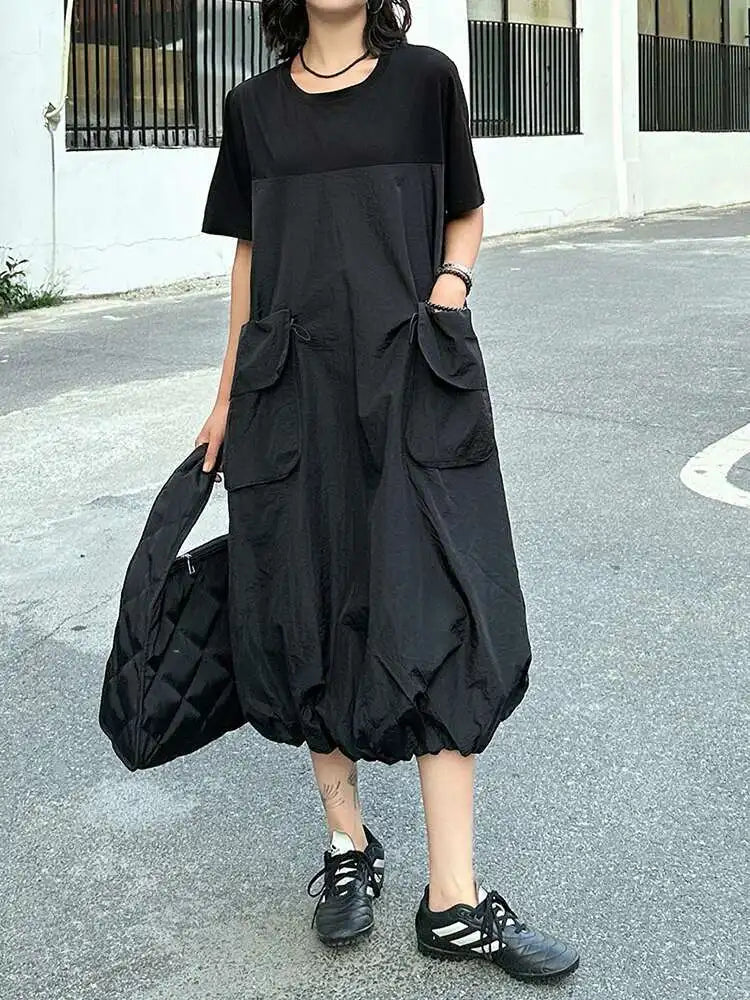 Women Black Drawstring Pocket Big Size Midi Dress New Round Neck Shhort Sleeve Fashion Tide Spring Summer 2025 1DJ0773