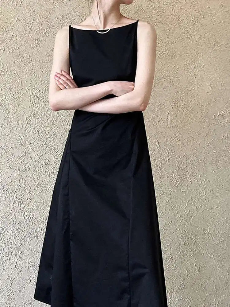 Women Black Pleated Elegant Pleated Long A-line Dress New Round Neck Sleeveless Fashion Tide Spring Summer 2025 1DH6117