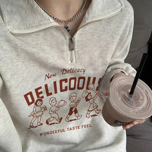 Load image into Gallery viewer, Casual Printed Streetwear Hoodies Polo Neck Simple Women&#39;s Sweatshirt Pullovers Chic Zipper Basic Fashion Female Hoodie
