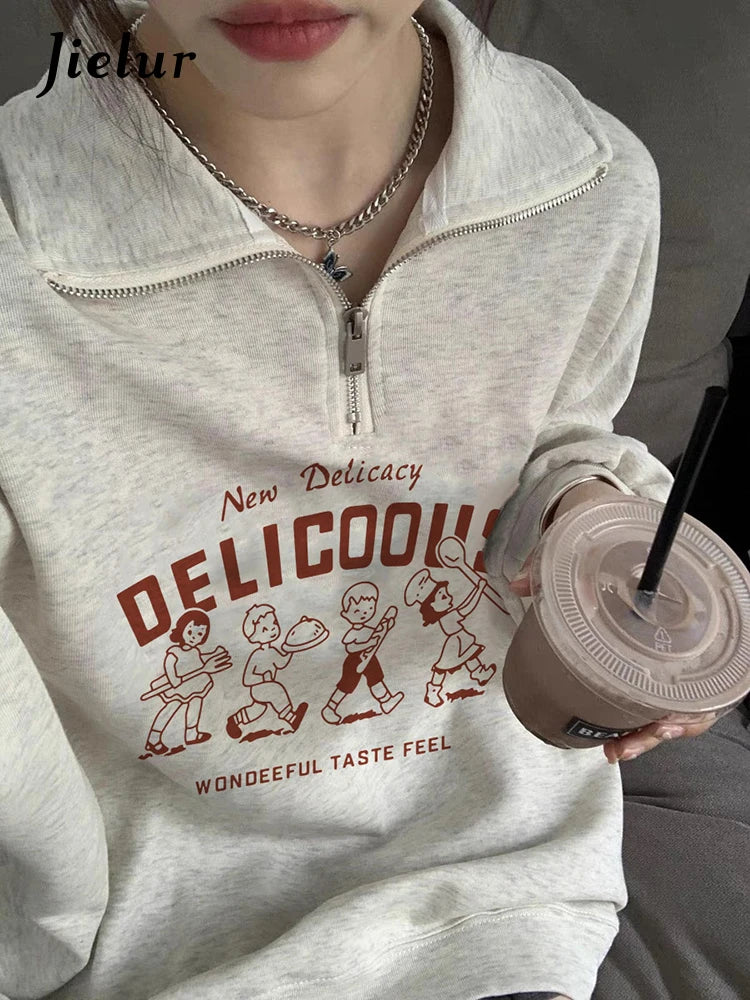 Casual Printed Streetwear Hoodies Polo Neck Simple Women's Sweatshirt Pullovers Chic Zipper Basic Fashion Female Hoodie