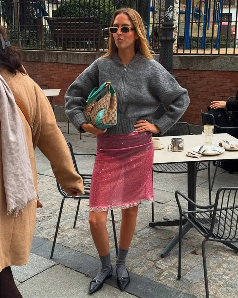 Sequin Summer Beach Sexy Skirt Women Elegant Sparkle High Waist A-line Skirts Female Pink Vacation Club Party Skirt