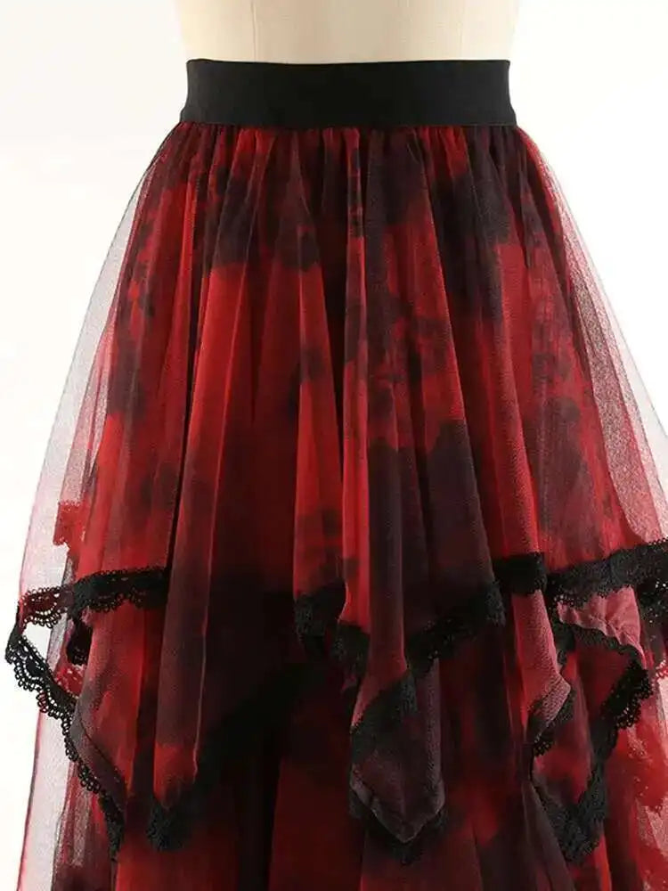 High Elastic Waist Red Irregular Lace Mesh A-line Midi Half-body Skirt Women Fashion Tide New Spring Autumn 2025 1DH9407