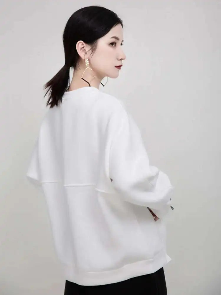 Loose Fit White Cuff Zipper Sweatshirt New Round Neck Long Sleeve Women Big Size Fashion Spring Autumn 2025 1DD5133