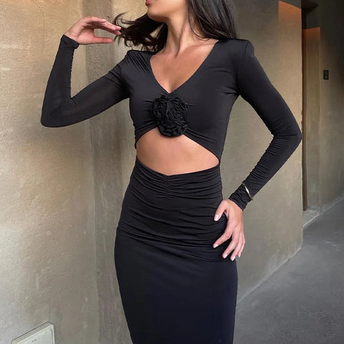 Load image into Gallery viewer, Elegant Flower Hollow Out Midi Dress For Women Black V Neck Long Sleeve Bodycon Sexy Dress Female Skinny Party Dress

