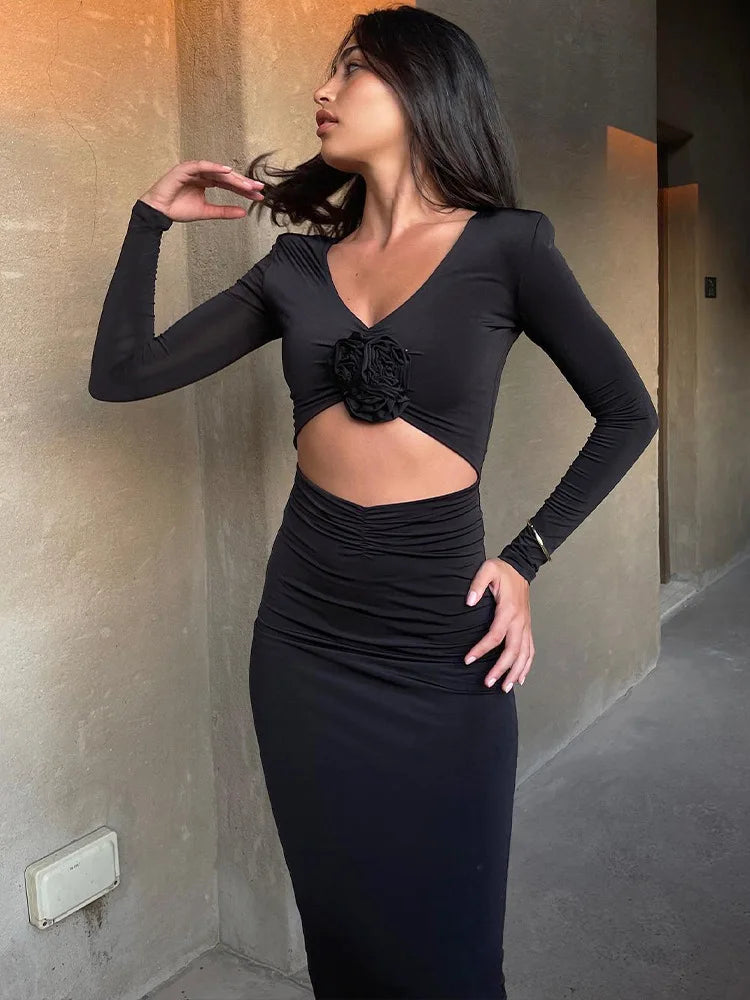 Elegant Flower Hollow Out Midi Dress For Women Black V Neck Long Sleeve Bodycon Sexy Dress Female Skinny Party Dress