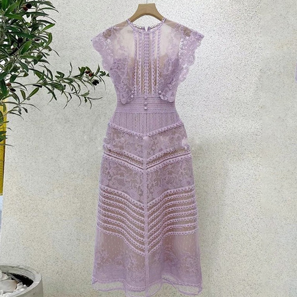 Solid Embroidery Summer Fashion Dresses For Women Round Neck Sleeveless Lace Mesh Dress Female Fashion Clothes