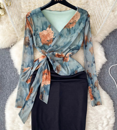 Vintage French Women Brown Leopard Patchwork Elegant Short Dress Autumn Green Print Long Sleeves V Neck Bandage Mini Dress Trend