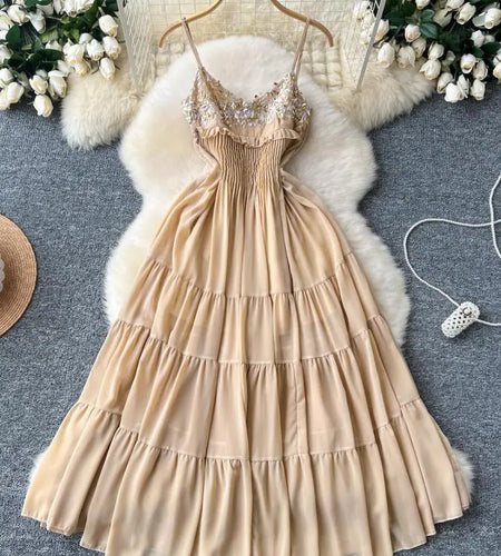 Summer New Women's Fashion Khaki Sequin Sleeveless Ruffles Prom Slip Dress Sexy Elegant Backless Pleated Party Evening Dresses