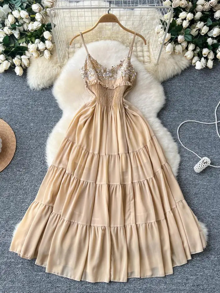 Summer New Women's Fashion Khaki Sequin Sleeveless Ruffles Prom Slip Dress Sexy Elegant Backless Pleated Party Evening Dresses