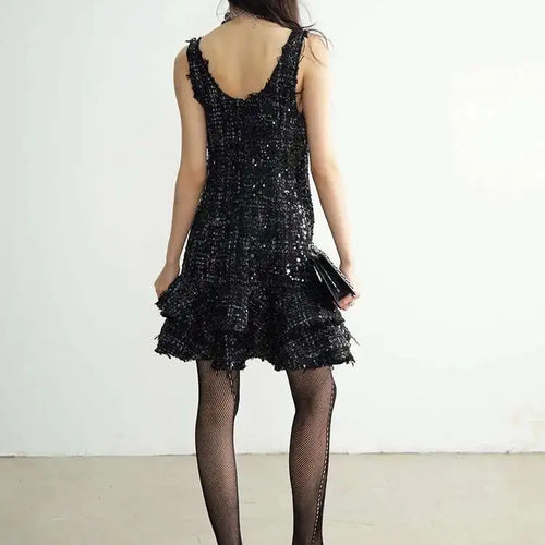 Load image into Gallery viewer, Women Black Sequins Tassels Ruffles Mini Elegant Dress New Round Neck Sleeveless Fashion Tide Spring Autumn 2025 1DH8269
