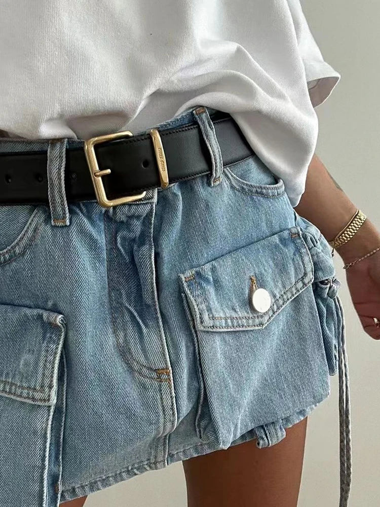 Patchwork Belt Skirts For Women High Waist Spliced Pocket Casual A Line Summer Solid Skirt Female Fashion