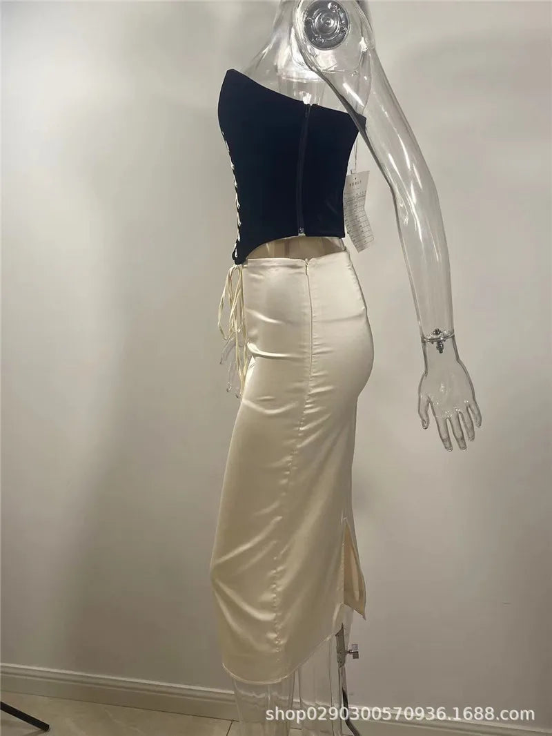Elegant Sexy Skirt Two Piece Set Women Strapless Bandage Crop Top And Maxi Skirt Female Fashion Club Party Sexy Sets