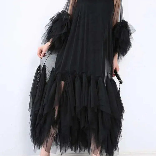 Load image into Gallery viewer, Women Black Ruffles Long Big Size Dress New Round Neck Three-quarter Sleeve Loose Fit Fashion Spring Summer 2025 JR77101
