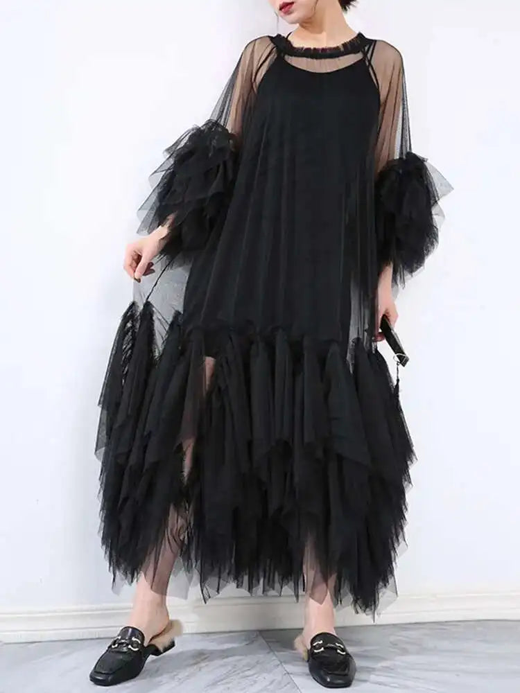 Women Black Ruffles Long Big Size Dress New Round Neck Three-quarter Sleeve Loose Fit Fashion Spring Summer 2025 JR77101