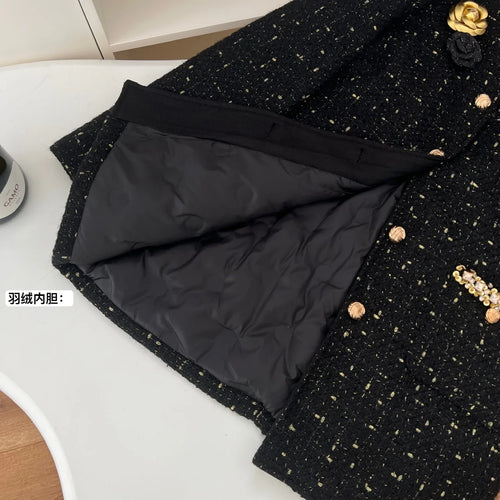 Load image into Gallery viewer, White Women New Black Patchwork Elegant Down Woolen Coat 2024 New French Vintage White Diamond Round Neck Single Breasted Jacket
