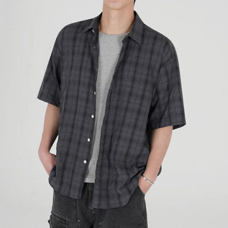 Summer Male Short Sleeve Shirts Casual Plaid Shirt Korean Single Breasted Handsome Trendy Men's Clothing 9W1632