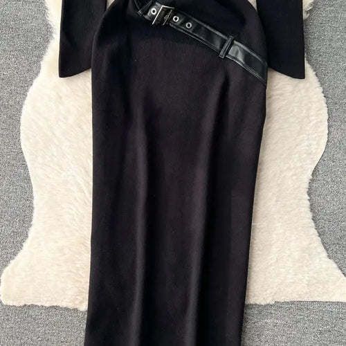 Load image into Gallery viewer, Women Beige Workwear Style Design Knit Dress Autumn Winter 2023 New Casual Half High Collar Black Pullover Office Lady Dress Y2k
