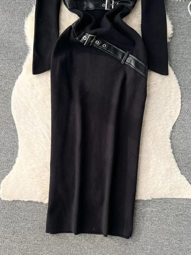 Women Beige Workwear Style Design Knit Dress Autumn Winter 2023 New Casual Half High Collar Black Pullover Office Lady Dress Y2k